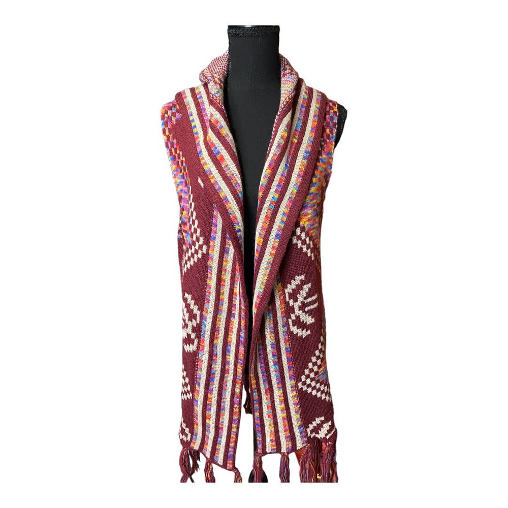 Entro Women's Sleeveless Cardigan Colorful Hood Fringe Sweater Aztec Bohemian S